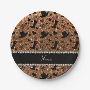 Custom name burnt gold glitter cowboy boots hats paper plate