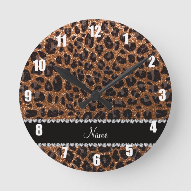 Custom name burnt gold glitter leopard print round clock (Front)