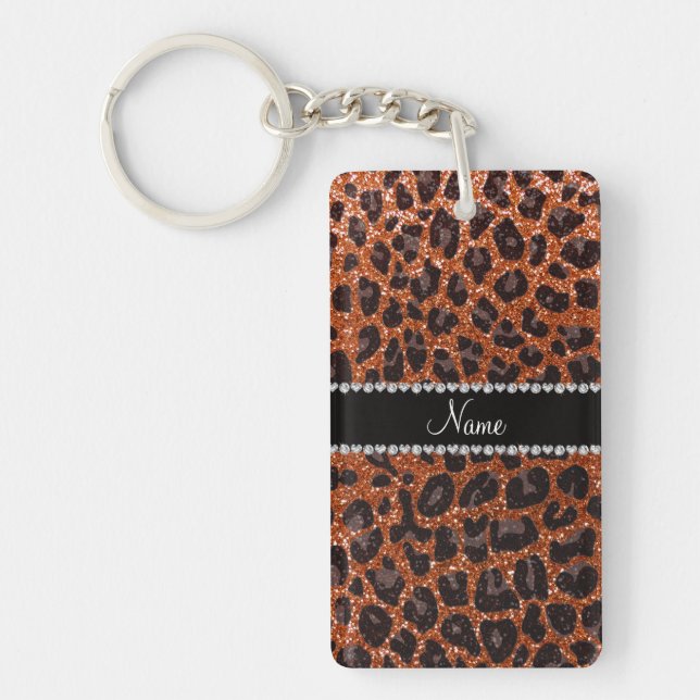 Custom name burnt orange glitter leopard print key ring (Front)