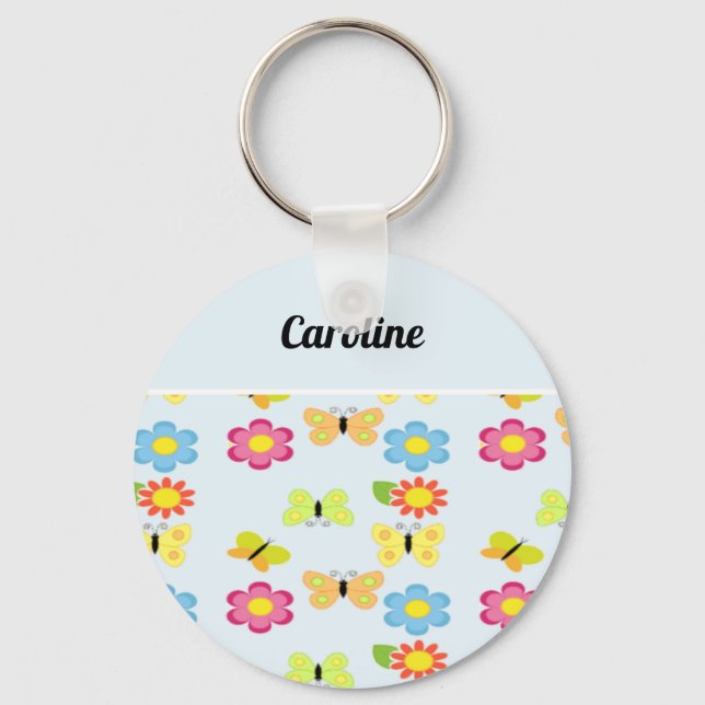 Custom name butterflies and flowers blue pattern key ring (Front)