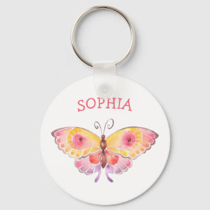 Custom Name Butterfly Kids Cute Pink Key Ring