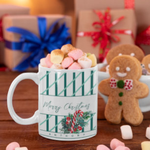 Custom Name   Candy Cane & Green Stripes Christmas Coffee Mug
