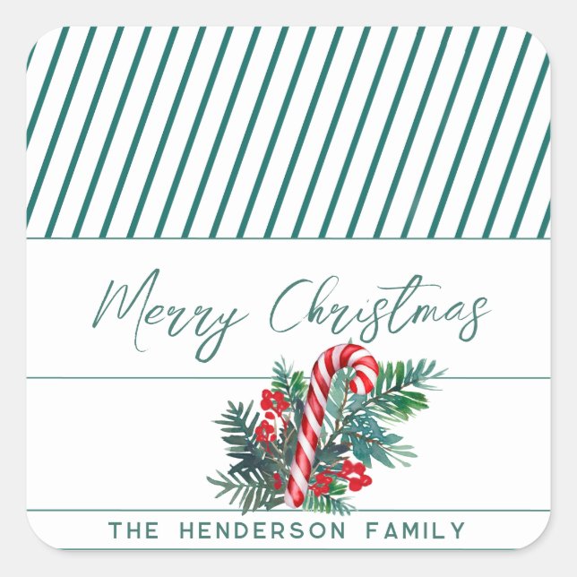 Custom Name | Candy Cane & Greenery Christmas Square Sticker (Front)