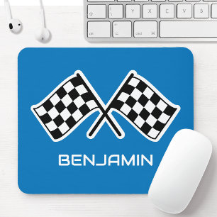 Custom Name Car Chequered Flag Blue Mouse Pad