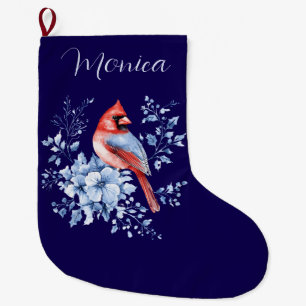 Custom Name Cardinal Redbird Chinoiserie Large Christmas Stocking