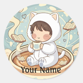 Custom Name Cat Coffee Sticker for Book Lovers