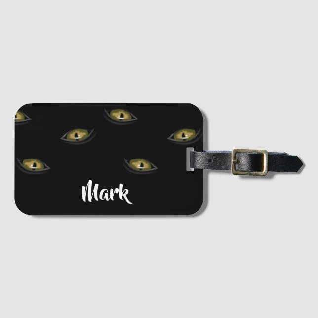 Custom name cat eyes on black luggage tag (Front Horizontal)