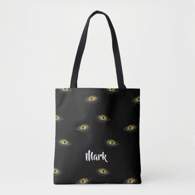 Custom name cat eyes on black tote bag (Front)