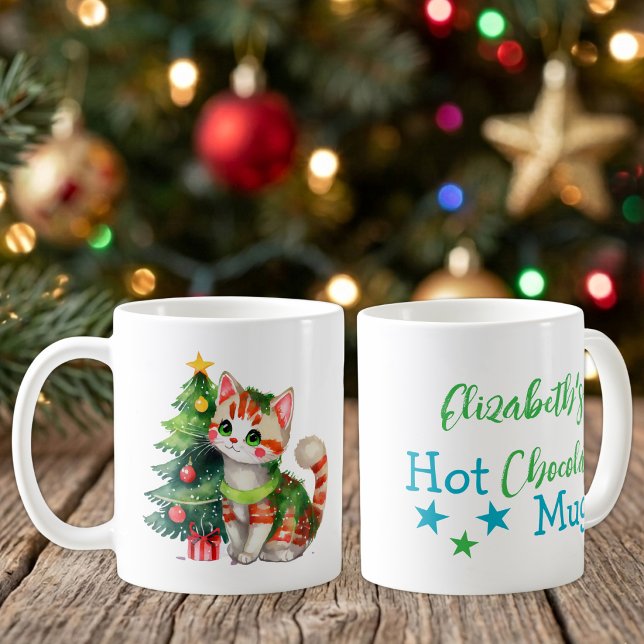 Custom name cat green blue hot chocolate  coffee mug (Creator Uploaded)