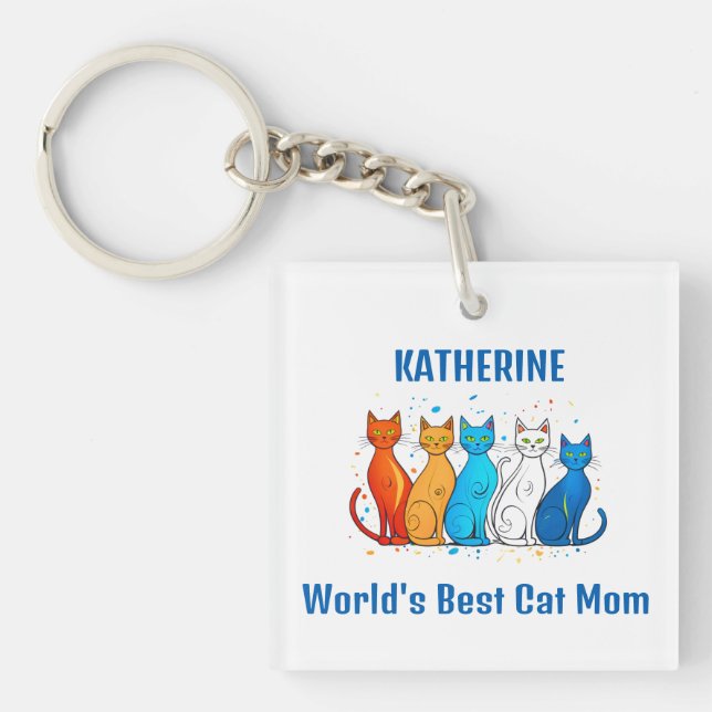 Custom Name Cat-Themed Colourful Best Cat Mum Key Ring (Front)