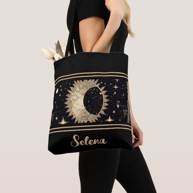 Custom Name Celestial Stars Sun Moon Tote Bag (Close Up)