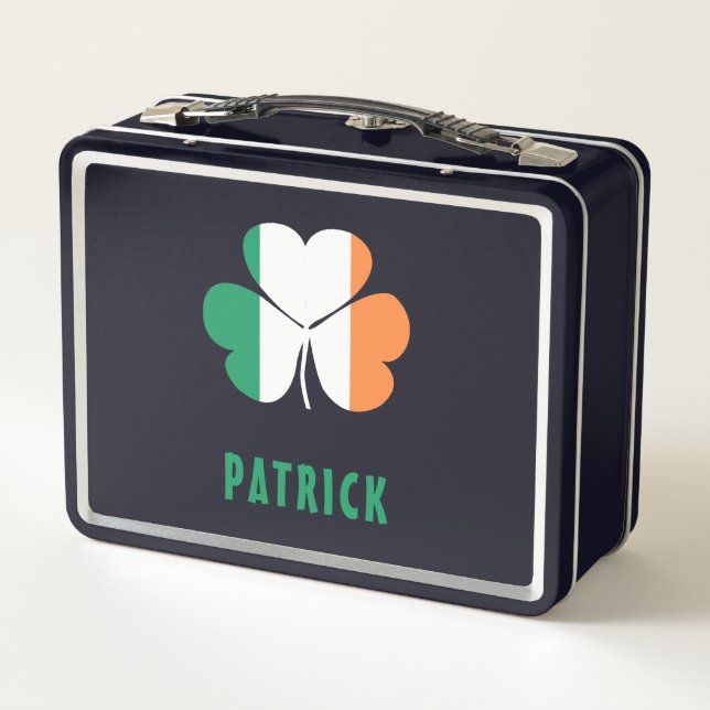 Custom Name Celtic Ireland Shamrock Irish Flag Metal Lunch Box (Back)