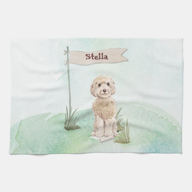 Custom Name Champagne Cockapoo Pet Dog Tea Towel (Horizontal)