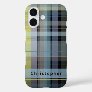 Custom Name Check Tartan Black Blue Lilac Stylish  iPhone 16 Case