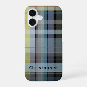 Custom Name Check Tartan Black Blue Lilac Stylish iPhone 16 Case