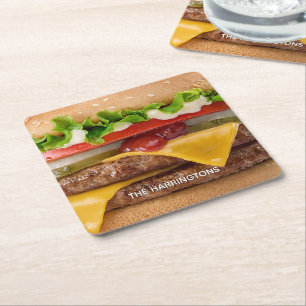 Custom Name Cheeseburger Square Paper Coaster