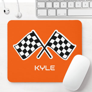 Custom Name Chequered Flag Car Orange Mouse Pad