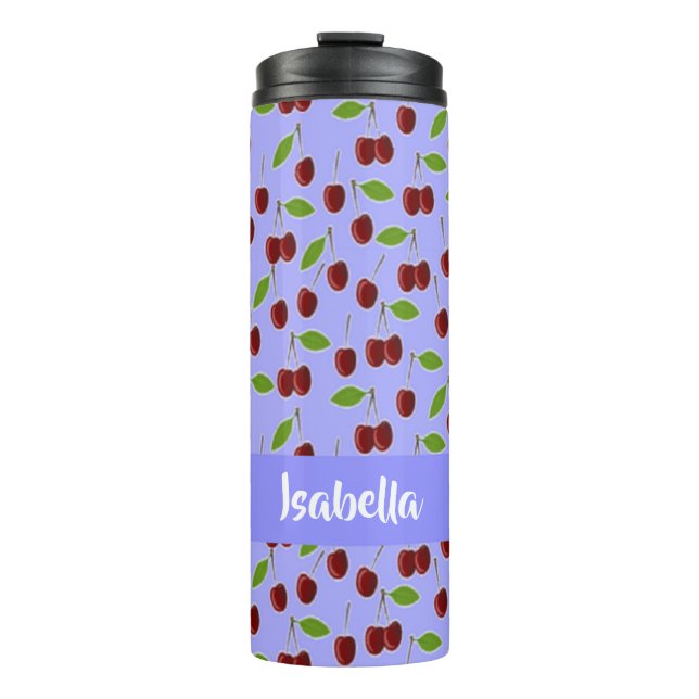 Custom name cherries pattern blue thermal tumbler (Front)