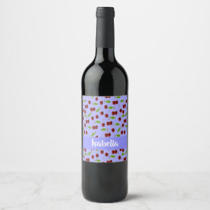 Custom name cherries pattern blue wine label