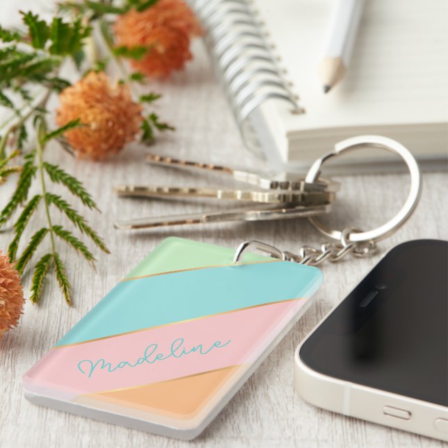 Custom Name Chic Aqua Blue Green Blush Pink Stripe Key Ring (Front Right)