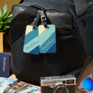 Custom Name Chic Blue Teal Green Yellow Stripes Luggage Tag