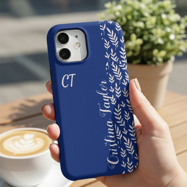 Custom Name Chic Navy Blue & Blush Pink Leaf iPhone Case (Creator Uploaded)