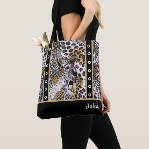 Custom Name Chic Stylish Brown Black White Leopard Tote Bag