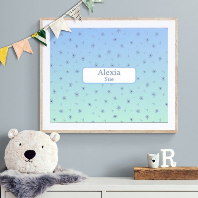Custom Name Childs Room Decor Blues Flowers (Customize name! Shown with white mat and wood frame. (you will receive print only) Thank you!)