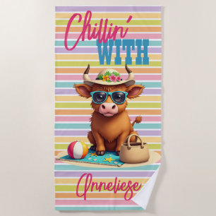 Custom Name "Chillin' With" Cute Highland Cow  Beach Towel