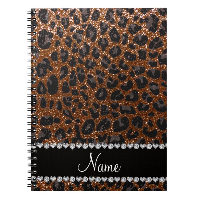 Custom name chocolate brown glitter leopard print spiral notebook (Front)