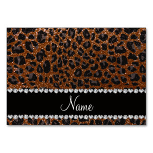 Custom name chocolate brown glitter leopard print table number