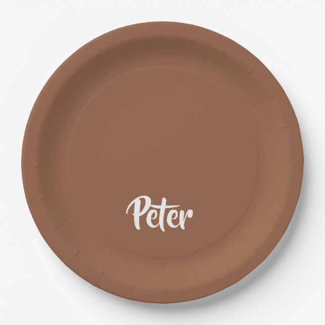 Custom name  chocolate brown plain paper plate (Front)