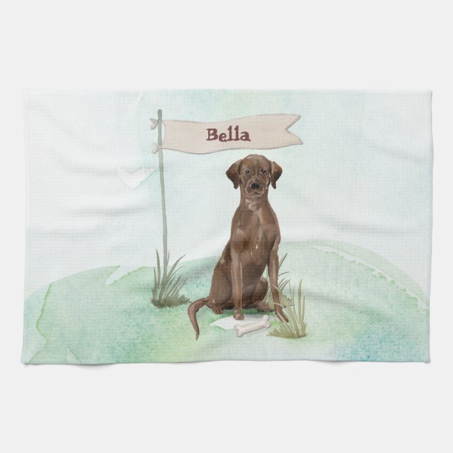 Custom Name Chocolate Lab Pet Dog Tea Towel (Horizontal)