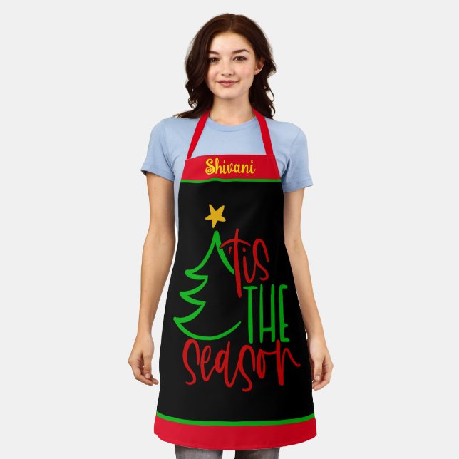 Custom Name Christmas Apron - Cute Tree Gift (Worn)