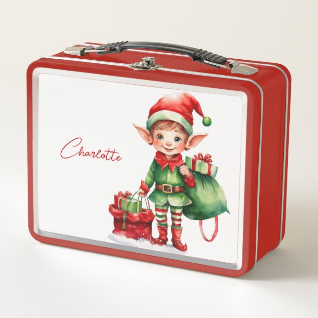 Custom Name Christmas elf with a sack of gifts Metal Lunch Box (Front)