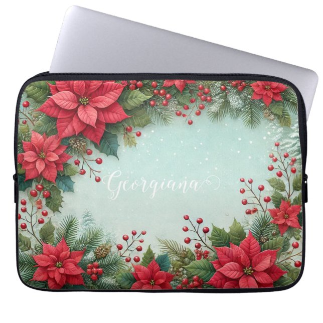 Custom Name Christmas Floral Watercolor Poinsettia Laptop Sleeve (Front)