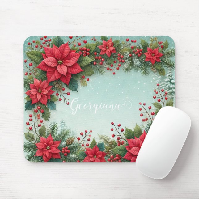 Custom Name Christmas Floral Watercolor Poinsettia Mouse Pad (With Mouse)