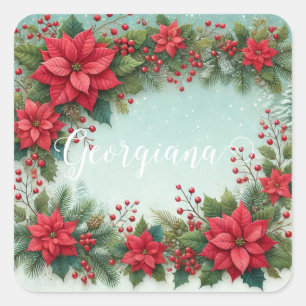 Custom Name Christmas Floral Watercolor Poinsettia Square Sticker