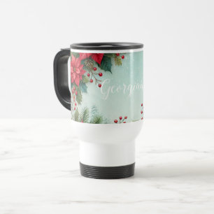 Custom Name Christmas Floral Watercolor Poinsettia Travel Mug