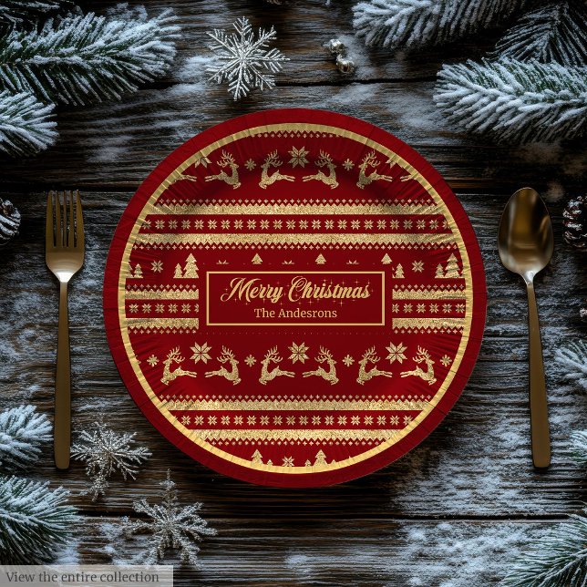 Custom Name Christmas Paper Plates Luxe Red Gold (Custom Name Christmas Paper Plates Luxe Red Gold)
