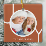 Custom Name Christmas Photo Rust Ceramic Ornament<br><div class="desc">This modern Christmas Photo Ornament is decorated with the word JOY on a terracotta,  rust background.
Easily customisable with your photo and name.</div>