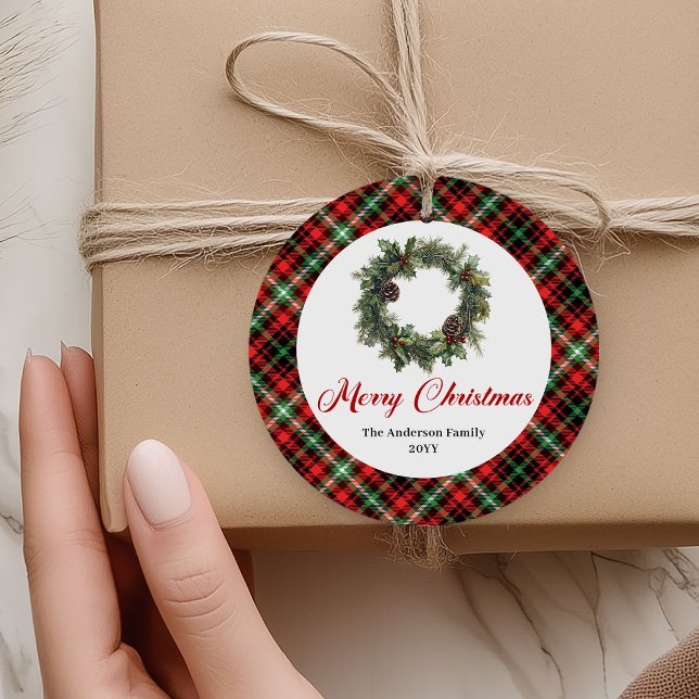 Custom Name Christmas Wreath Red Green Plaid Tag (Custom Name Christmas Wreath Red Green Plaid Tag)
