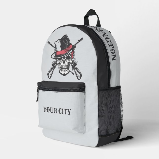 Custom Name & City Skull & Guns Printed Backpack (Back Corner Right)
