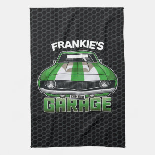 Custom NAME Classic American Muscle Car Garage Tea Towel