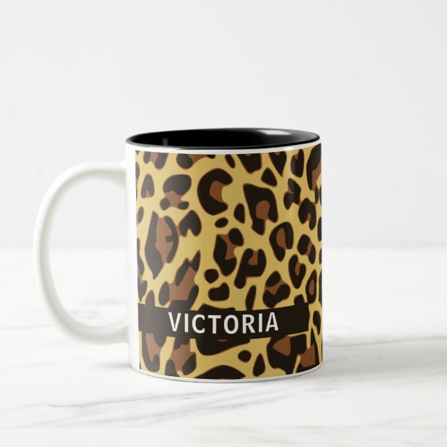 Custom Name Classic Leopard Print Pattern Victoria Two-Tone Coffee Mug (Left)