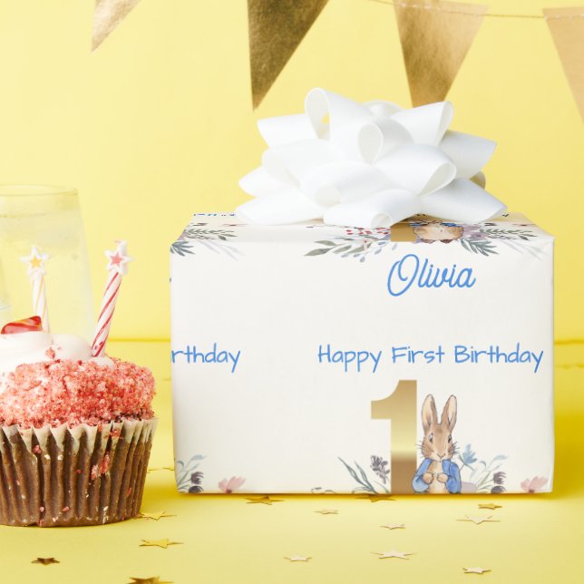 Custom Name Classic rabbit First Birthday Wrapping Paper (Birthday Party)