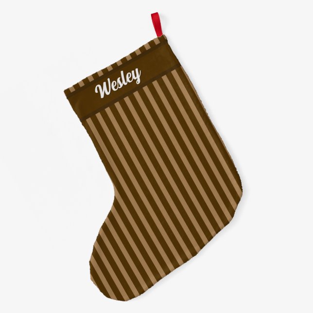Custom Name - Classy Neutral Striped Large Christmas Stocking (Back (Hanging))