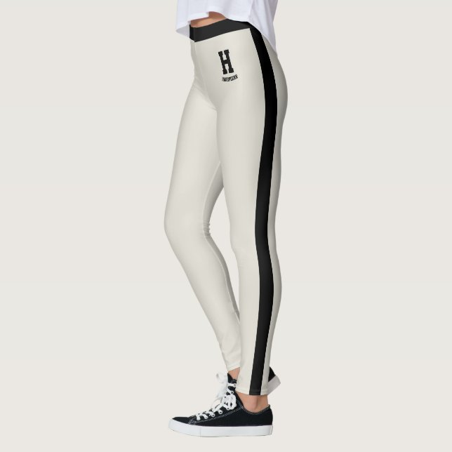Custom Name Classy Oatmeal Black Stripes Monogram  Leggings (Left)