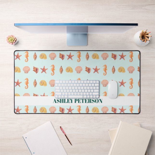 Custom Name Coastal Watercolor Seashells Teal Desk Mat (Office 1)