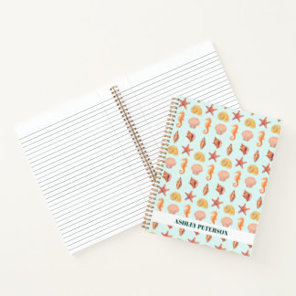 Custom Name Coastal Watercolor Seashells Teal Notebook